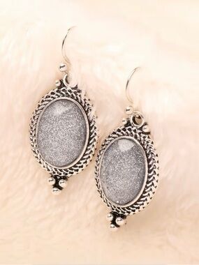 Silver Glitter Oval Drop Earrings - Women Jewelry